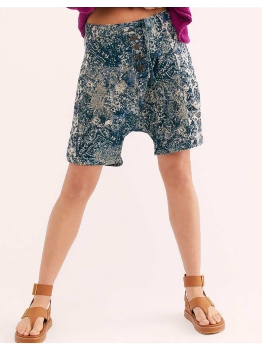 Free People Blue Printed Drop-Crotch Shorts